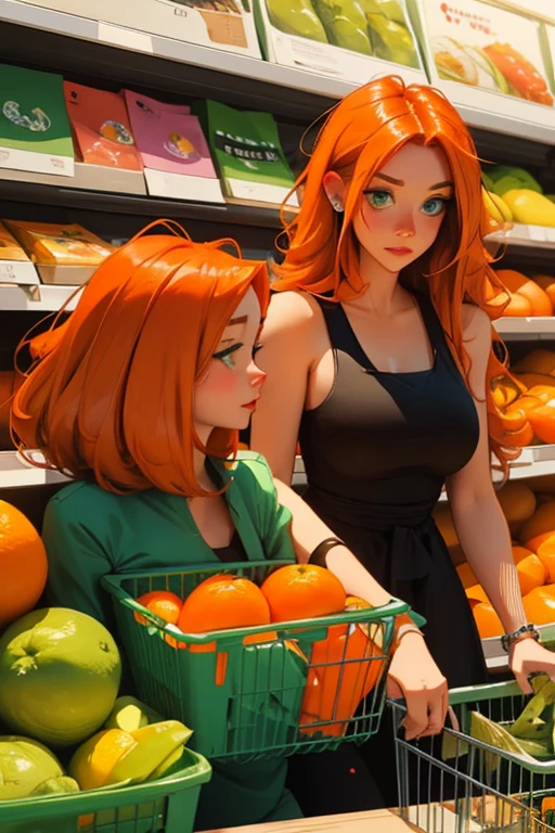Statuesque ginger model, cleavage, sundress, produce section, feminine, freckles, playful