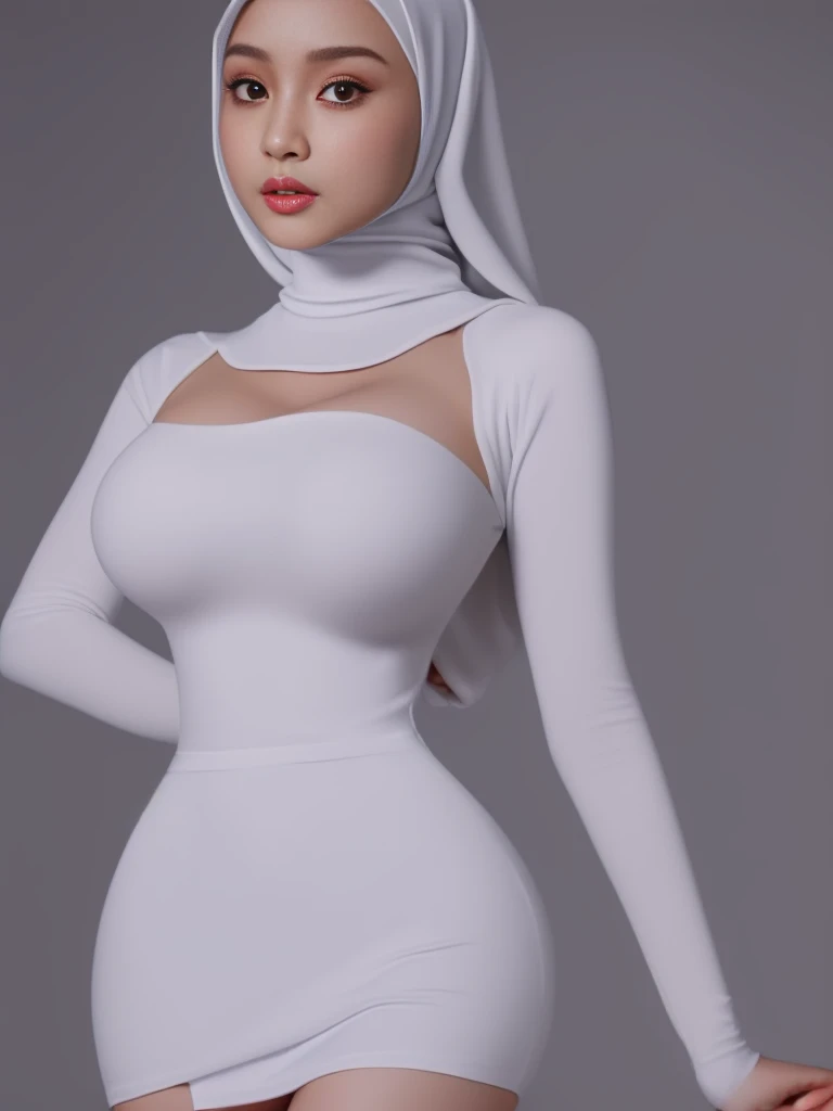 RAW, Best quality, high resolution, masterpiece: 1.3), beautiful Malay woman on hijab (iu:0.8),((big breast)), perfect nose,perfect lips, perfect eyes, detail :1.2),big breast,wearing black skirt and white turtleneck, short skirt, short sexy skirt, wearing tight dress, sexy dress, elegant dress, slim fit body, (thigh close up)