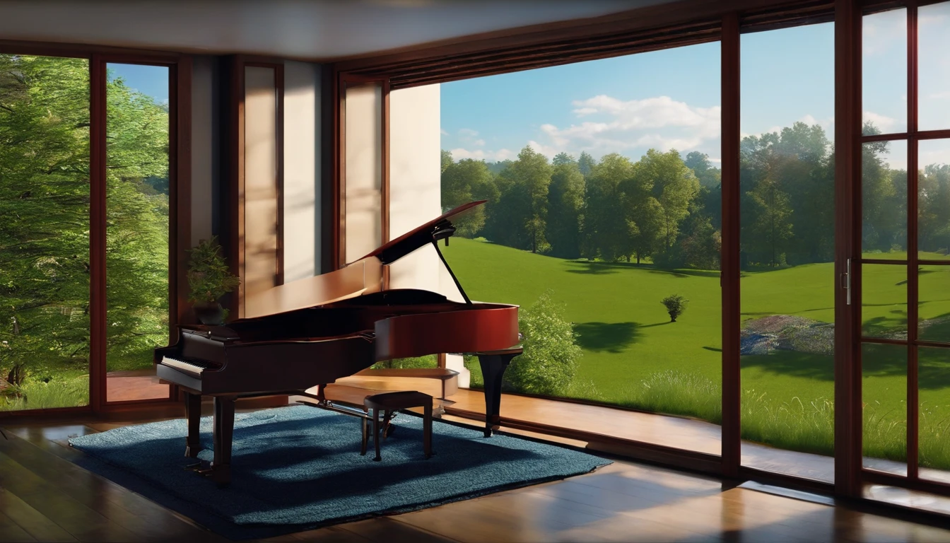 create an instrument room with piano guitar violin harp keyboard and handpan, and in that room there is a large glass door that shows a green pasture and a blue sky, with a tree, and the tree is with a picnic cloth chadrez on the floor of the red color, all in the lo-fi and anime style