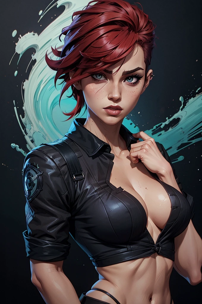 a woman with punk red hair (very short on the sides) and a black shirt is standing in front of ablack background with blue brush splash, lois van baarle and rossdraws, portrait of vi from arcane, artgerm and lois van baarle, rossdraws 2. 0, rossdraws 1. 0, rossdraws 2. 5, artgerm and rossdraws, artgerm comic, black background with blue brush splash, 8K image quality, Masterpiece