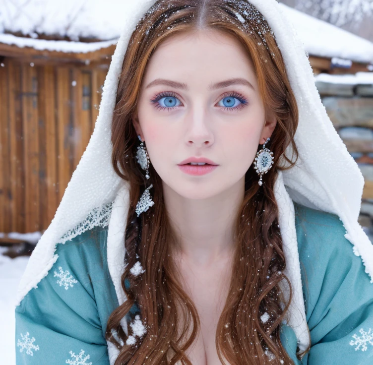 Beautiful girl, blue eyes, long curly white hair, detailed facial traits, national turkic female dress, naked breasts, yurta behind, it's snowing, huge beautiful earrings