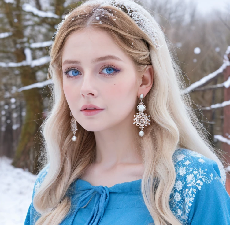 Beautiful girl, blue eyes, long curly white hair, detailed facial traits, national turkic female dress, ????? breasts, yurta behind, it's snowing, huge beautiful earrings