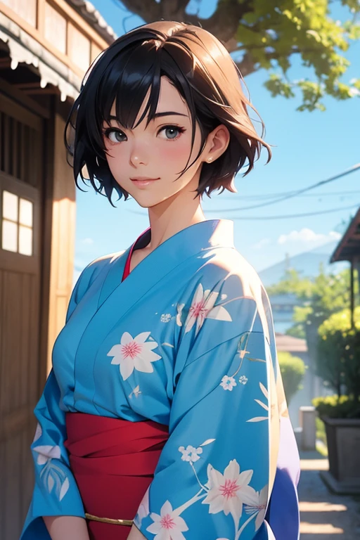 anime - style illustration of a girl in a blue yukata, a character portrait, concept art, , official character illustration, makoto shinkai and artgerm, official character art, . cheng yi、Whole body、Japan、sunlight、smile