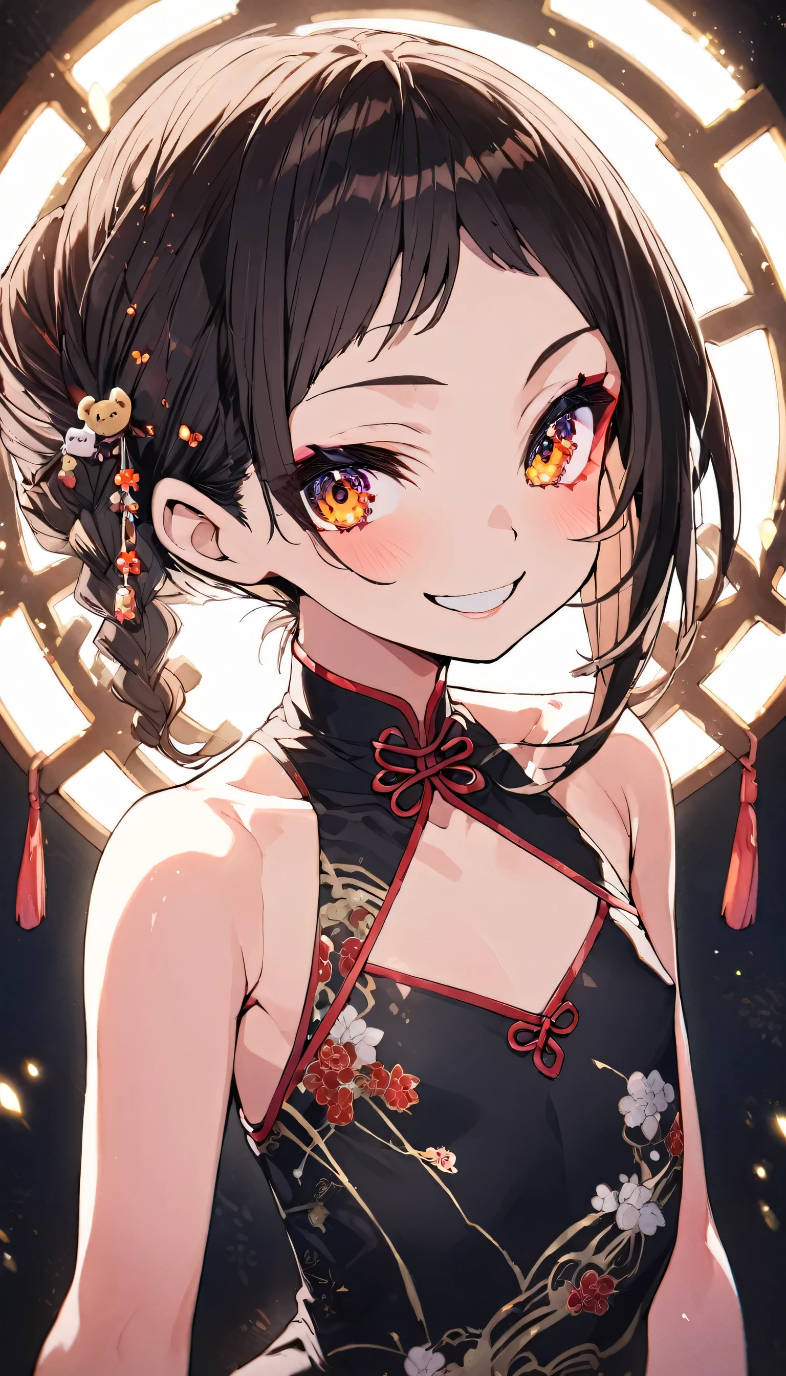 Illumination, 1 girl, kawaii, smile, slender body, (flat chest:1.3), sparkling, Chinese dress, vivid color, upper body, extremely detailed, huge filesize, the best quality,