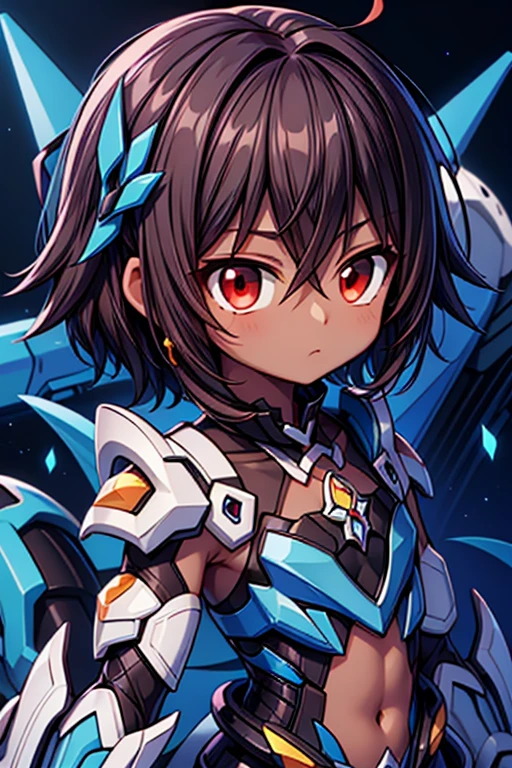 (((dark skin tone))),dark skin male, femboy, dark skin, cute shota,red eyes, blue mecha hairpin, dark brown hair medium hair,wearing a black exoskeleton, blue gauntlet's, honkai impact herrscher of reason, full armour mecha_musame, orange gem on chest, close up