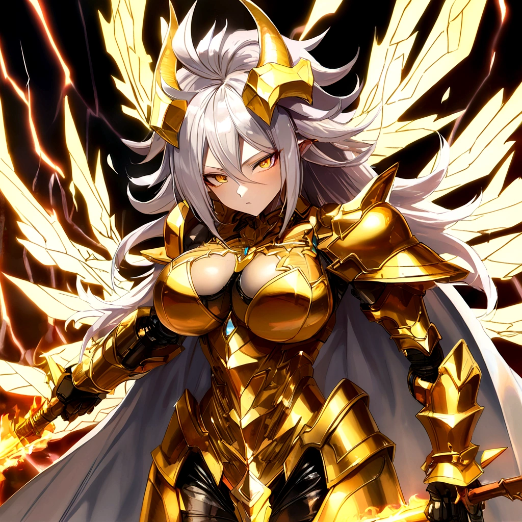 ((Lightning Power)), ((Electricity)), ((Fire Background)), ((Lightning Storm)), ((Power Erupting)),((((android 21 Evil)))), (((white Coat))), (((Busty))), (((((Big breast:1,3)))), luxury bustier corset, (((silver hair))), (((Very slim waist))), propotional body, ((Gorgeous)), (((gold wings))), masterpiece, hyperdetail, ambient effect, digital effect, (((FIRE SWORD)), (((Lightning Sword))), (((Fire Gold Armor))), (((Lightning Gold Wings))), (((Fire Blazing Horns)))