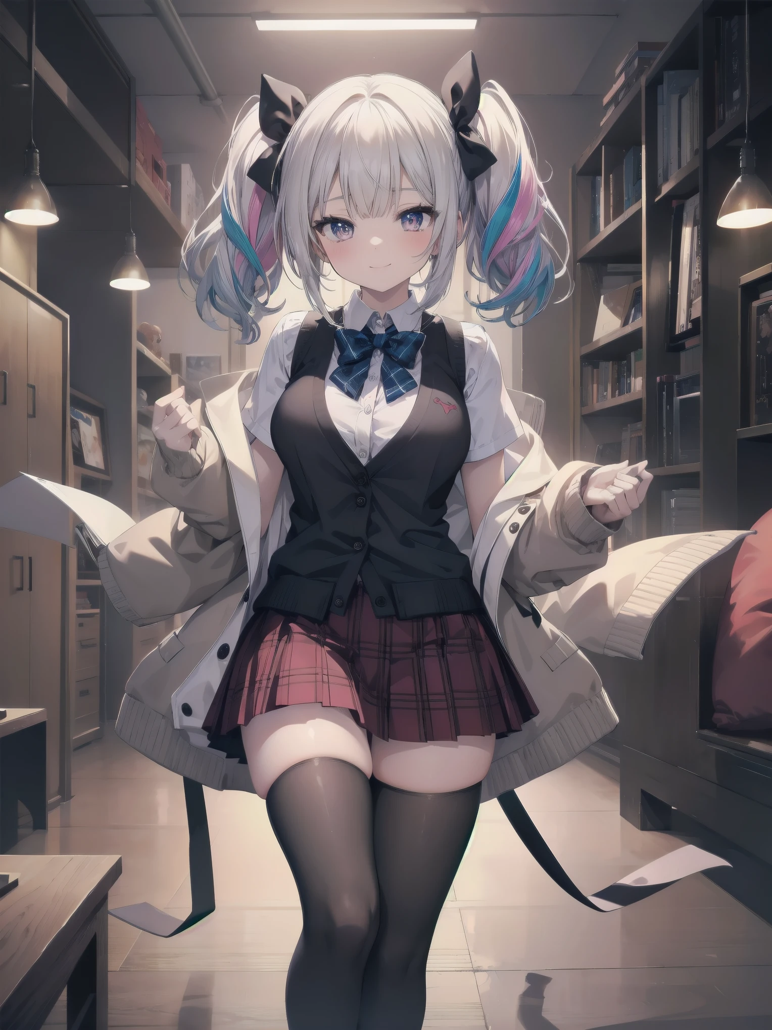 absurdres, absolutely resolution, incredibly absurdres, highres, ultra detailed, official art, unity 8k wallpaper,
BREAK
1 girl, soro, twintails, bow, cardigan vest, short sleeve shirt, plaid skirt, over black legwear, loafers, smile, Sexual girl, seducing men, colourful, bewitching eyes,