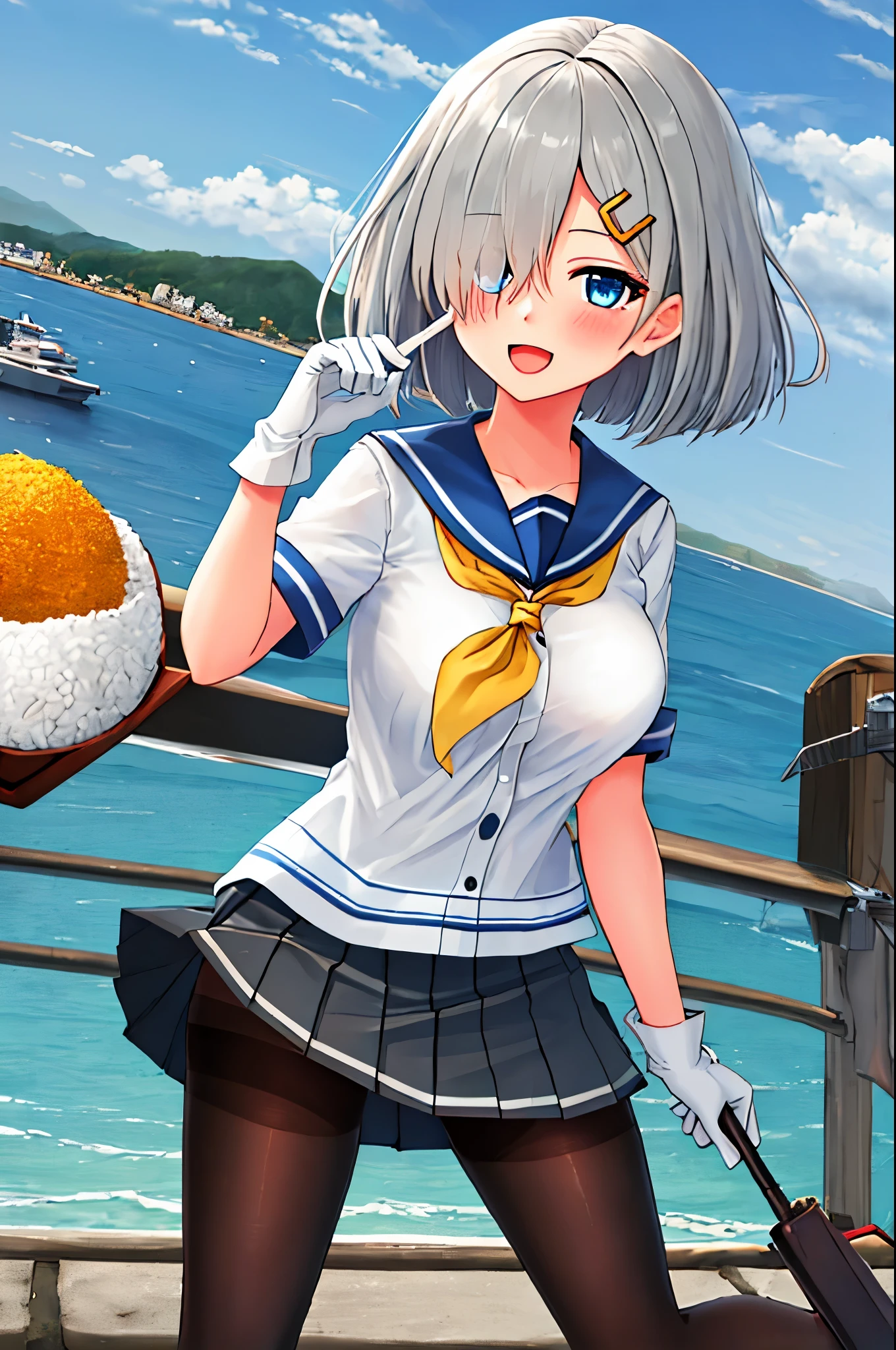 best quality, masterpiece, highres, solo, {hamakaze_kantaicollection:0.90}, 1girl, loli,younger_teen,black_pantyhose, pleated_skirt, serafuku, short_sleeves, simple_background, white_background, yellow_neckerchief, white_gloves, looking_at_viewer, grey_skirt, blush, eyes_visible_through_hair, blue_sailor_collar, dynamic_posing,long_bangs,hair_over_one_eye,harbor_school_background,outdoor,large_breasts,onigiri,riceball,girl_eating_riceball,happy,open_mouth