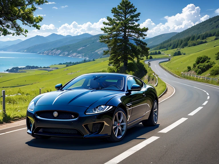jaguar xks, mountain road, trees, ocean, clouds