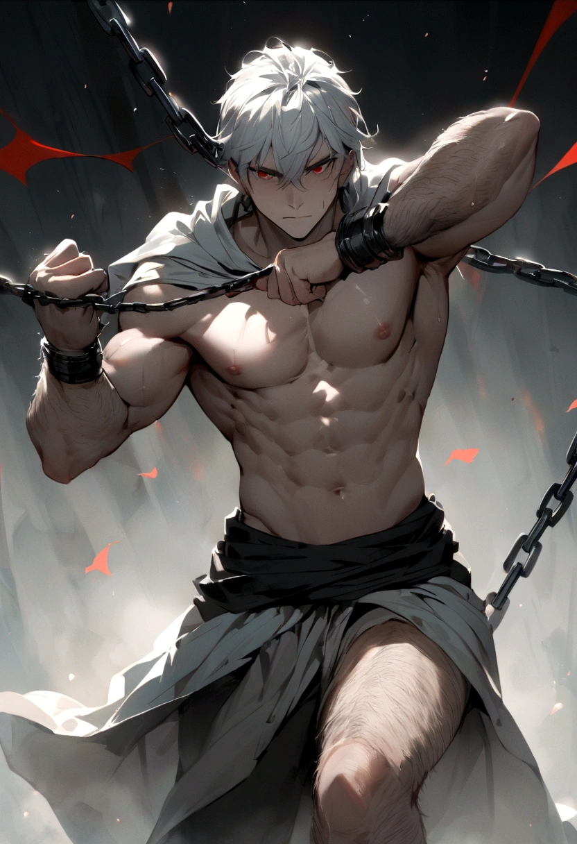 Best quality,The best lines,The best picture,hairy,male, 老虎hairy,Strong body,Black and white hair,Red eyes,tall,Wearing a tattered cloak,Chained hands,No clothes to cover your body,