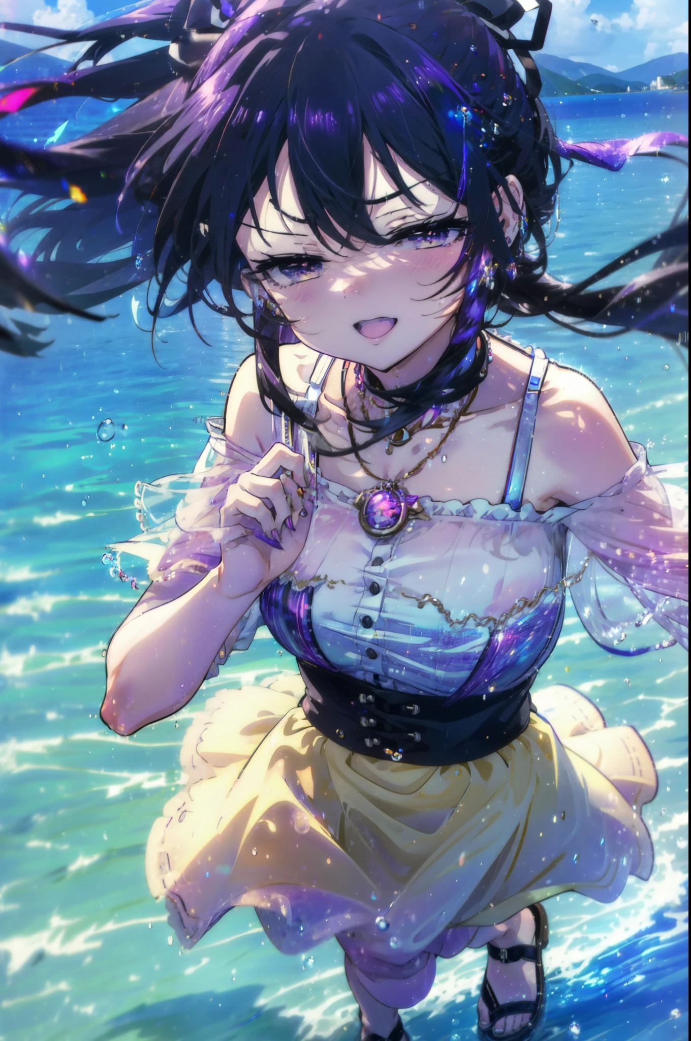 Toka Yatogami, Yatogami Tohka Casual, Long Hair, Purple Hair, dress, ribbon, (Purple eyes:1.1)
happy smile, smile, Open your mouth,, hair ribbon, ponytail, Purple Hair, Off-the-shoulder dress,Bare shoulders,bare clavicle,Bare neck,Locket Necklace,Long skirt,Cute Sandals,walking,whole bodyがイラストに入るように,walking,
break outdoors,Coastal Road,people々, crowd,
break looking at viewer, whole body,
break (masterpiece:1.2), highest quality, High resolution, unity 8k wallpaper, (figure:0.8), (Beautiful fine details:1.6), Highly detailed face, Perfect lighting, Highly detailed CG, (Perfect hands, Perfect Anatomy),
