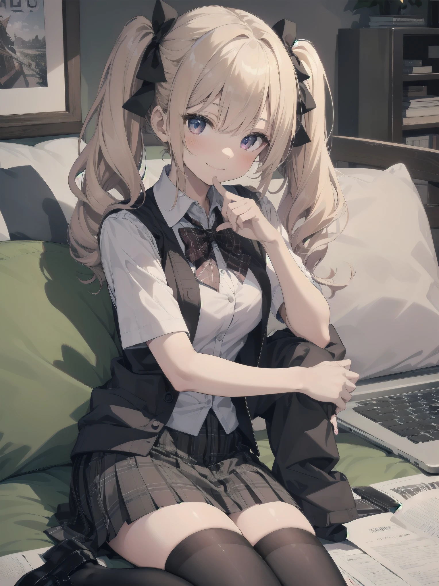 absurdres, absolutely resolution, incredibly absurdres, highres, ultra detailed, official art, unity 8k wallpaper,
BREAK
1 girl, soro, twintails, bow, cardigan vest, short sleeve shirt, plaid skirt, over black legwear, loafers, smile, Sexual girl, seducing men, colourful, bewitching eyes,