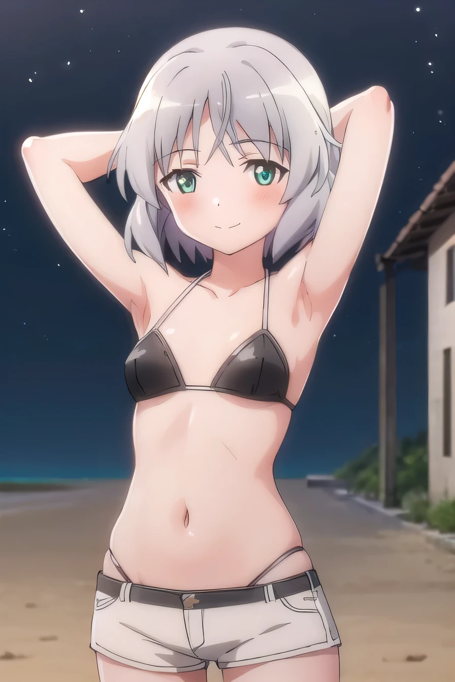 solo, 1girl, looking at viewer, 2D, anime, anime coloring, high quality, solo, night sky, beach, arms behind head, contrapposto, closed mouth, spread armpits, (cowboy shot:1.5), looking at viewer, smile, best quality, sanya v. litvyak, black bikini, white shorts, smile, blushing, shy