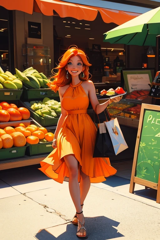 an orange haired female reaper with green eyes with an hourglass figure in a cute summer dress is shopping in a mall with a big smile
