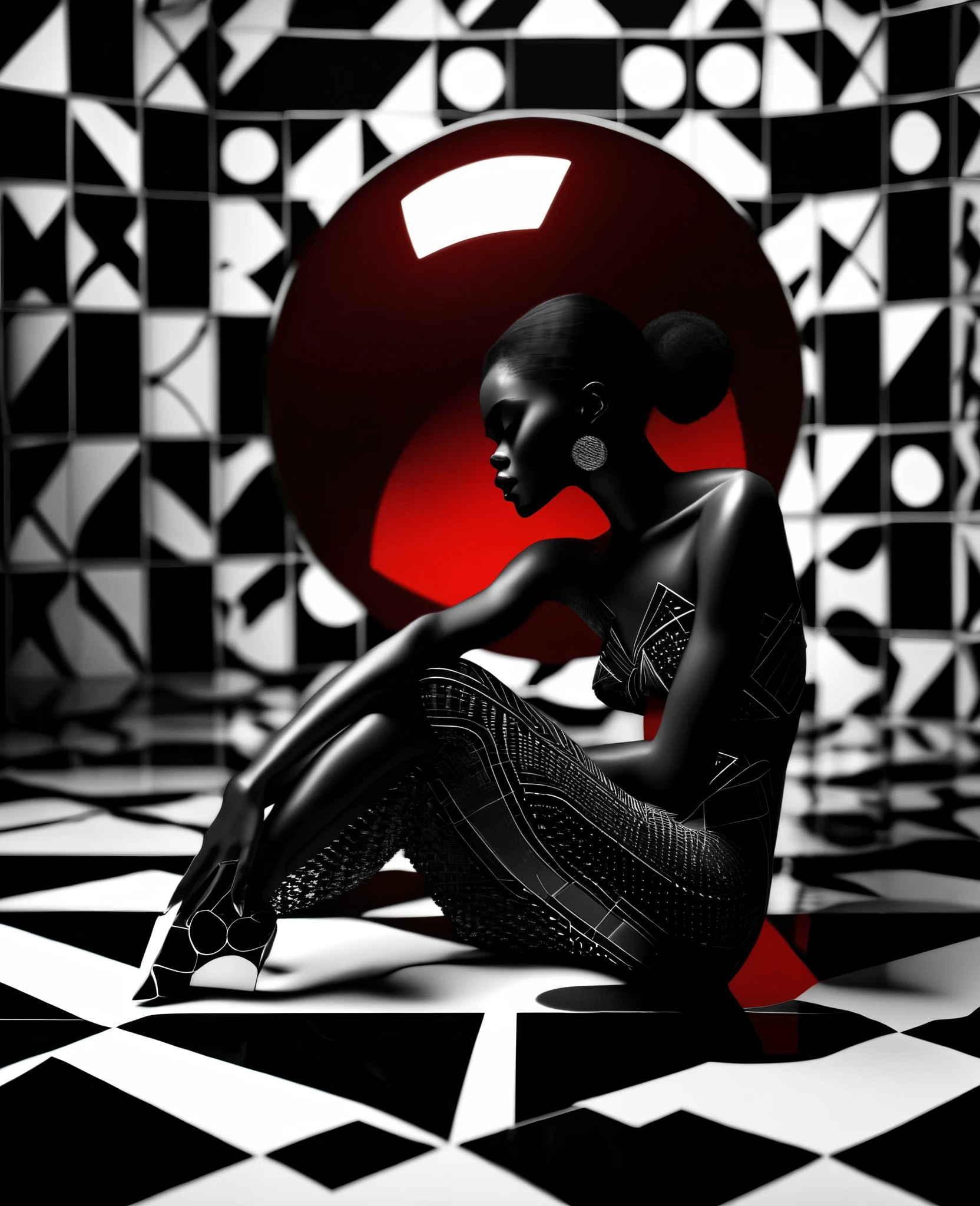 Side angle shot of black woman sitting model pose in a room full of abstract shapes of circles, triangles and squares, with a red sphere in the background, black and white picture with only the red sphere in colour, ultra HD, cinematic lighting, 32k