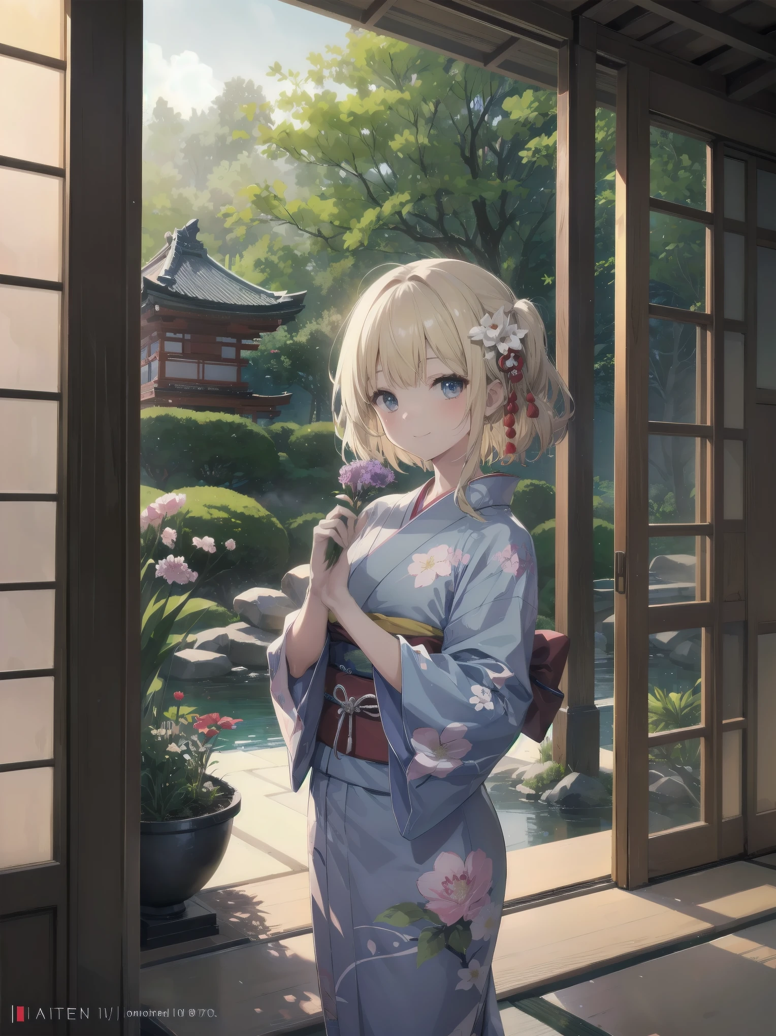 Subject: pretty beautiful girl
Subtitle: {Long, straight blonde hair}{Japanese-style yukata}{Posing picking flowers}{Japanese garden}{Smiling demurely}{Mirrorless camera, f/1.8, 1/400 sec, ISO 800, soft focus effect}

A beautiful girl with long, straight blonde hair stands in a quiet Japanese garden. She is wearing a beautiful Japanese yukata and is elegantly picking flowers. Her modest smile enhances her elegance and makes for a memorable scene. In the background is a lush green Japanese garden, which gives the scene a traditional beauty. The photo was taken with a mirrorless camera at f/1.8 aperture, shutter speed 1/400 sec, ISO 800, and the soft-focus effect adds to the soft, magical atmosphere.