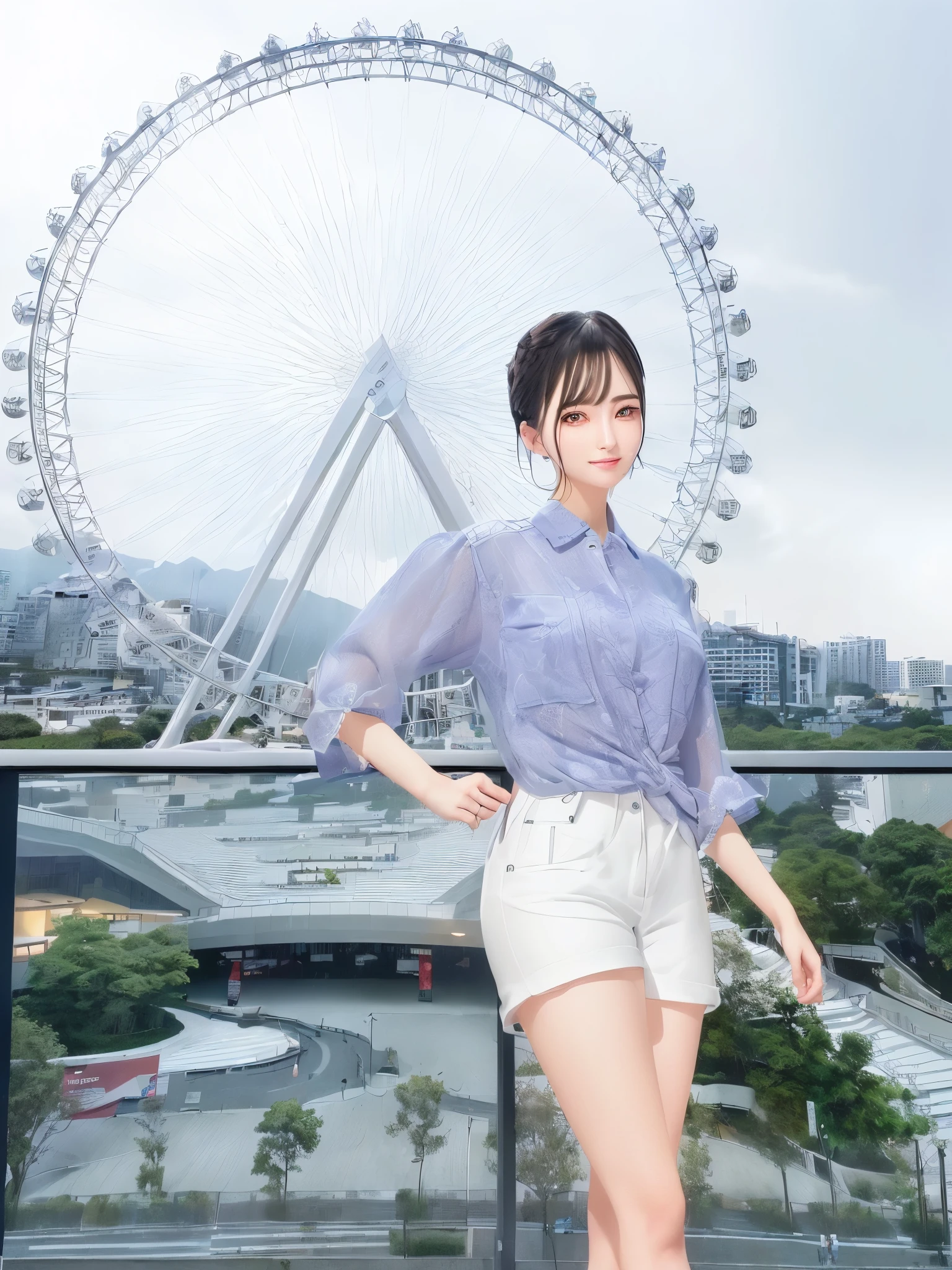 (best quality),(masterpiece),high details,extremely_detailed_CG_unity_8k_wallpaper，Ms Arafat poses for a photo in white shorts and a purple shirt, Sakimichan Institute of Human Development, Realistic clothing, Korean female fashion models, one, live2d virtual youtuber model, Realistic clothing, 3d graphic, 3D CG, Highly detailed shots of the giantess, Shopping mall background, Popular on cgstation, Casual posture
