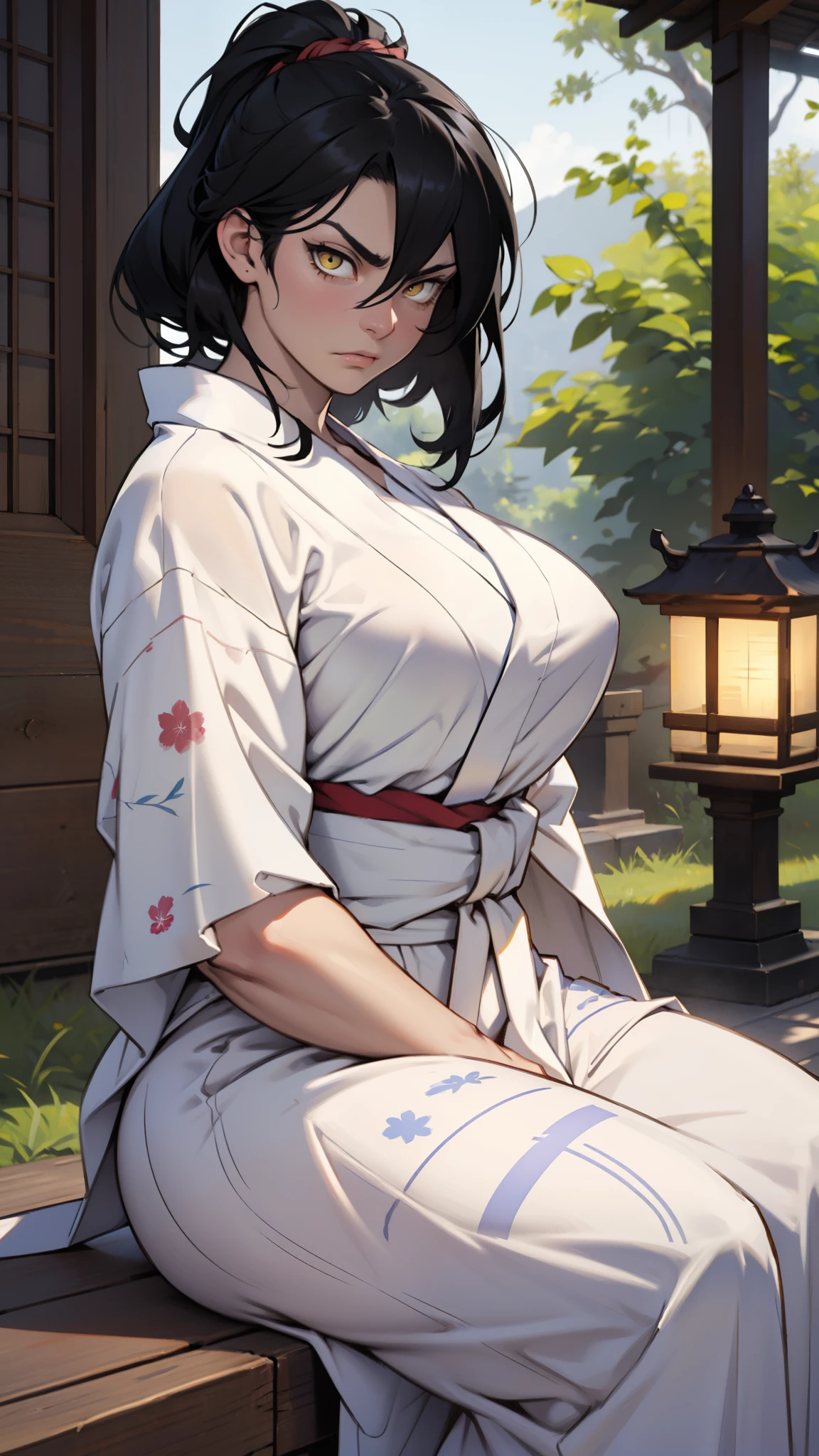 girl ((muscular)) massive breasts thick disdain disgusted annoyed disappointed black hair yellow eyes pale skin super detail yukata sitting