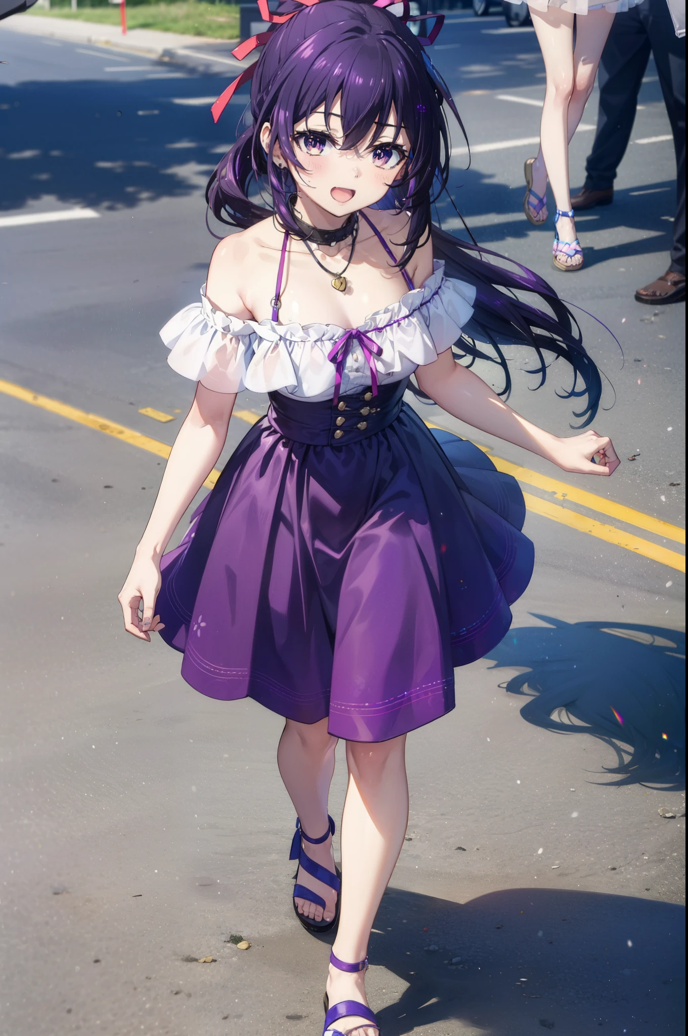 Toka Yatogami, Yatogami Tohka Casual, Long Hair, Purple Hair, dress, ribbon, (Purple eyes:1.1)
happy smile, smile, Open your mouth,, hair ribbon, ponytail, Purple Hair, Off-the-shoulder dress,Bare shoulders,bare clavicle,Bare neck,Locket Necklace,Long skirt,Cute Sandals,walking,whole bodyがイラストに入るように,walking,
break outdoors,Coastal Road,people々, crowd, 
break looking at viewer, whole body,
break (masterpiece:1.2), highest quality, High resolution, unity 8k wallpaper, (figure:0.8), (Beautiful fine details:1.6), Highly detailed face, Perfect lighting, Highly detailed CG, (Perfect hands, Perfect Anatomy),