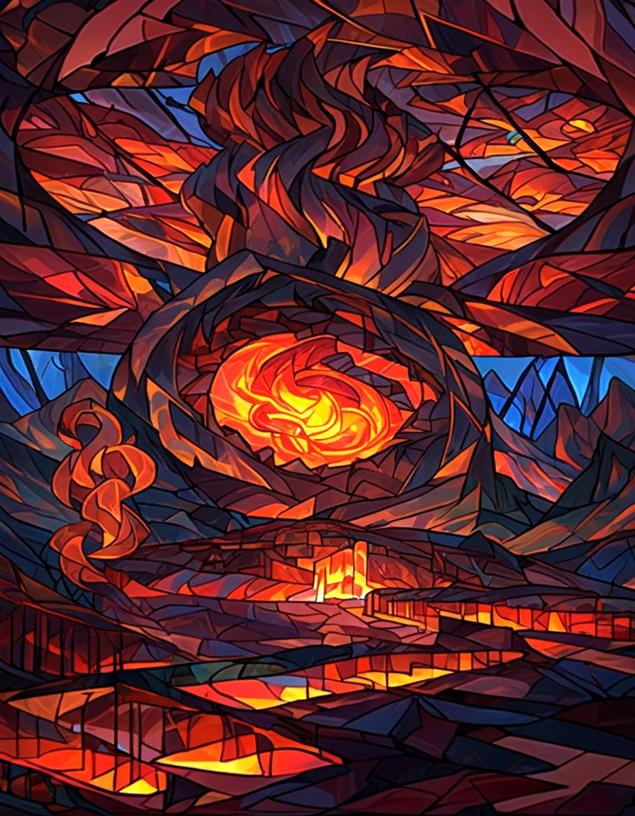 Create a series of images for the element fire inspired by the aesthetics of a detailed stained glass window with defined lines and vivid colors as fantasy. Each image should reflect the characteristics of the corresponding element, using an appropriate color palette. Fire: A character representing the element of fire, with details and ornaments inspired by flames and heat. Intense reds, bright oranges, yellows and golden tones. Incorporate elements of fire and lava, with burning blades and details in the form of flames. The character may have a sword or a scepter with a fire motif.
