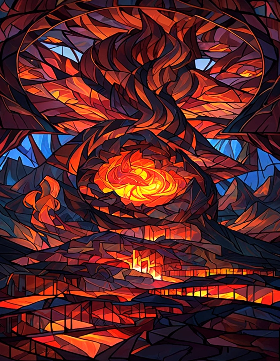 Create a series of images for the element fire inspired by the aesthetics of a detailed stained glass window with defined lines and vivid colors as fantasy. Each image should reflect the characteristics of the corresponding element, using an appropriate color palette. Fire: A character representing the element of fire, with details and ornaments inspired by flames and heat. Intense reds, bright oranges, yellows and golden tones. Incorporate elements of fire and lava, with burning blades and details in the form of flames. The character may have a sword or a scepter with a fire motif.