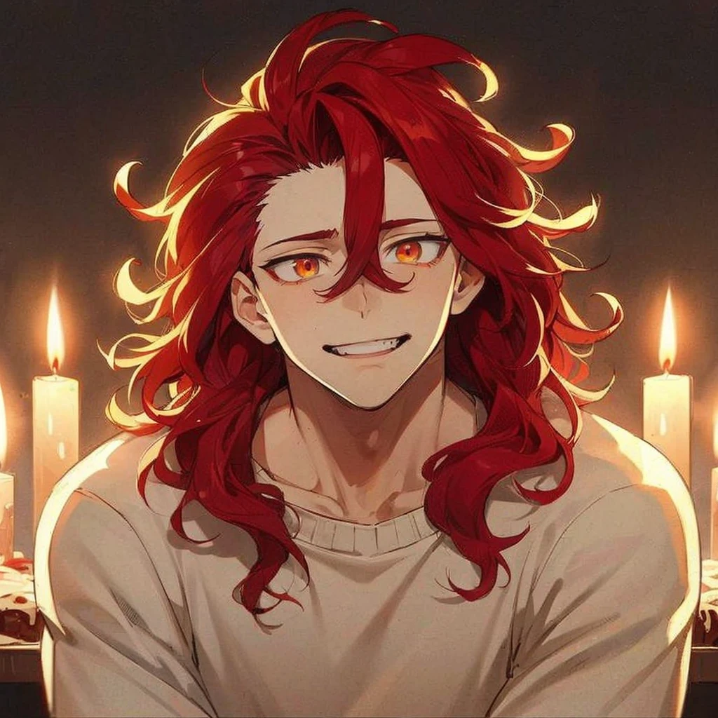 a boy with bright red curly hair, beautiful detailed face, intense red glowing eyes, sitting in front of candles, anime style, demon slayer art style, highly detailed, 8k, cinematic lighting, warm color tones, masterpiece, With a gas mask, holding a flamethrower, setting fire to a street