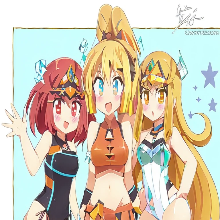 tres chicas anime en bikini y una apunta a algo, konosuba anime style, armadura de bikini, wears a bathing suit, armadura-bikini, estilo anime ecchi, traje asuka debajo de la ropa!, cushart kenz, commission for, in the art style of 80s anime, dos colas, konosuba, cute cyber gods