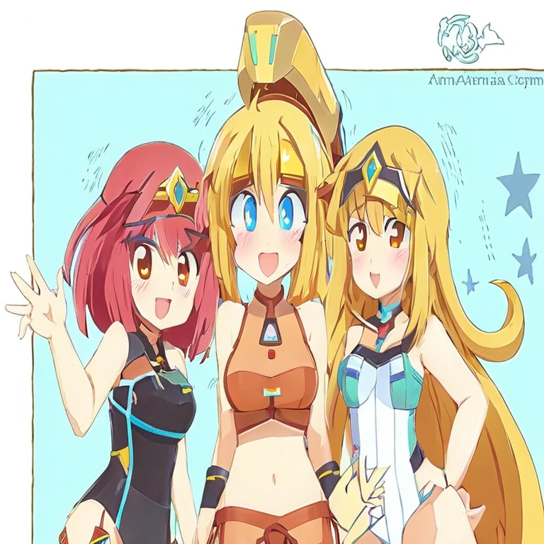 tres chicas anime en bikini y una apunta a algo, konosuba anime style, armadura de bikini, wears a bathing suit, armadura-bikini, estilo anime ecchi, traje asuka debajo de la ropa!, cushart kenz, commission for, in the art style of 80s anime, dos colas, konosuba, cute cyber gods
