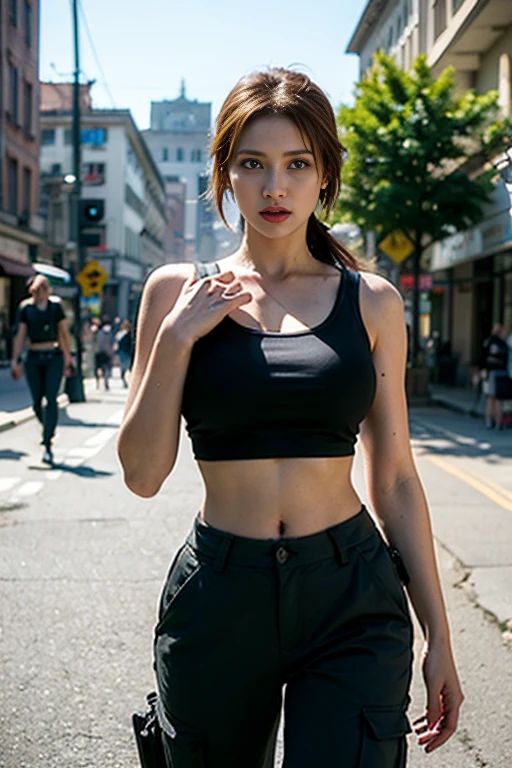 GTA game girl. ((no shadow. no shadow)). ((Realistische Beleuchtung, best quality, 8K)), looking straight at the camera, visible up to the thighs, 1girls, Perfect Body Beauty: 1.4, (long blonde hair), (Lara Croft crop top and trousers: 1.4), ( Afternoon: 1.1), bust, bust, (city street), (real life big mom). Lara Croft style. Big breast. Full body.