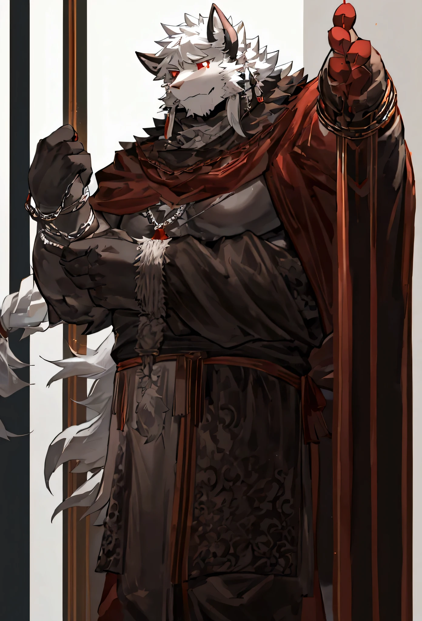 Best quality,The best lines,The best picture,hairy,male, 虎hairy,Strong body,Black and white hair,Red eyes,tall,Wearing a tattered cloak,Chained hands,