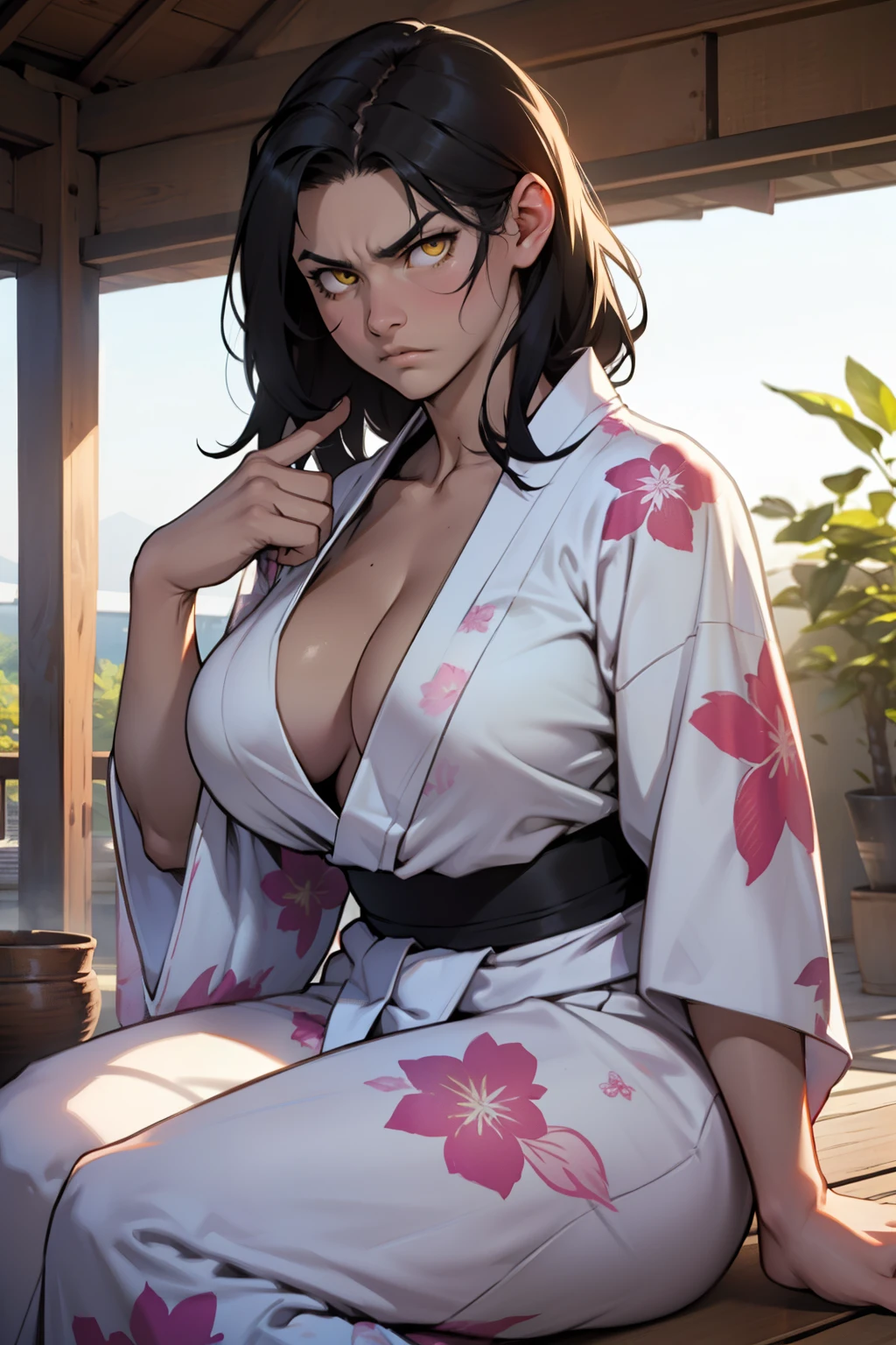 girl ((muscular)) massive breasts thick disdain disgusted annoyed disappointed black hair yellow eyes pale skin super detail yukata sitting