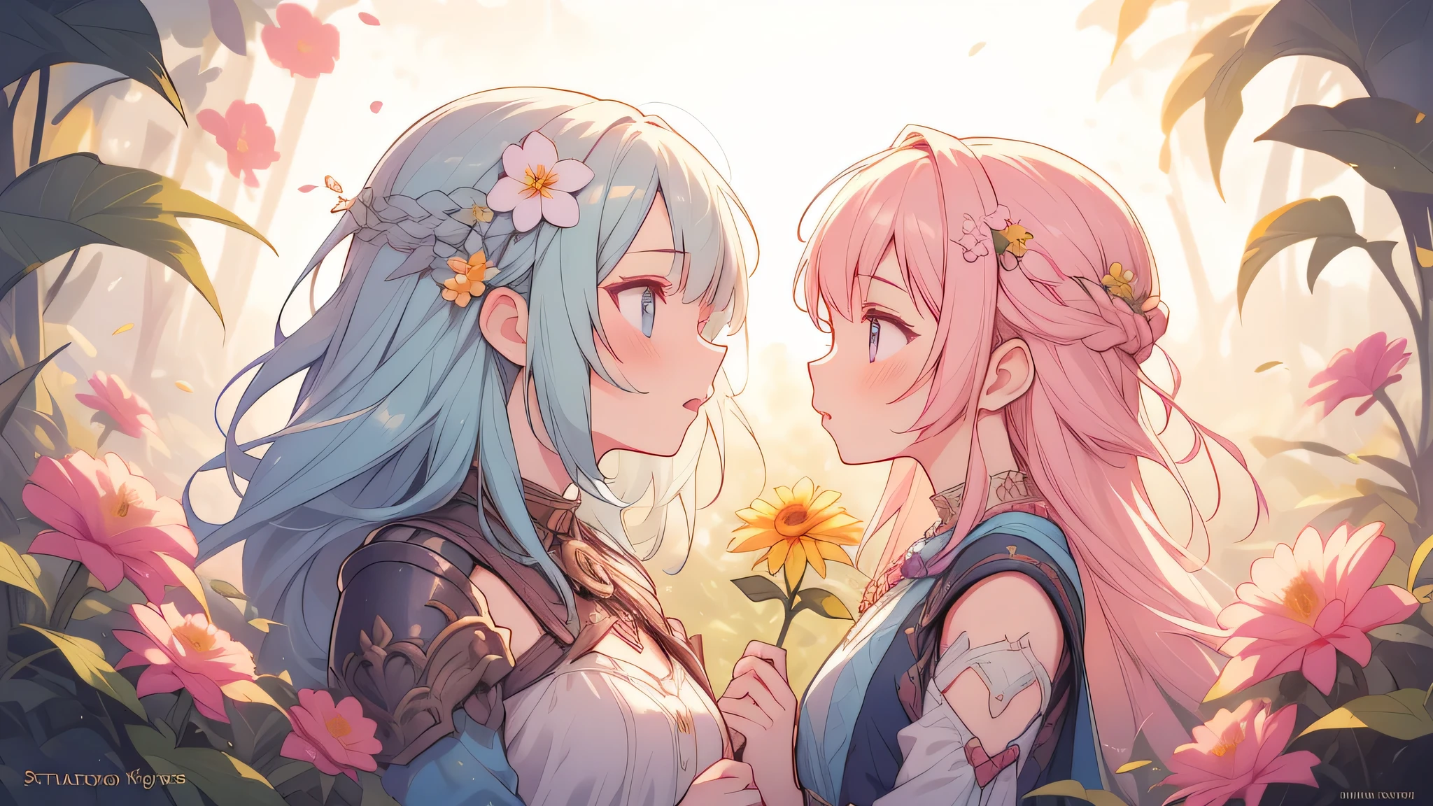 a girl with pastel hair and a complementary colored dress with flowers around her neck and shoulder, with a flowers in her hair, two-tone hair, Charlie Bowater, stanley artgerm lau, a character portrait, fantasy art, (cartoon:1.3), looking away, image size 16:9