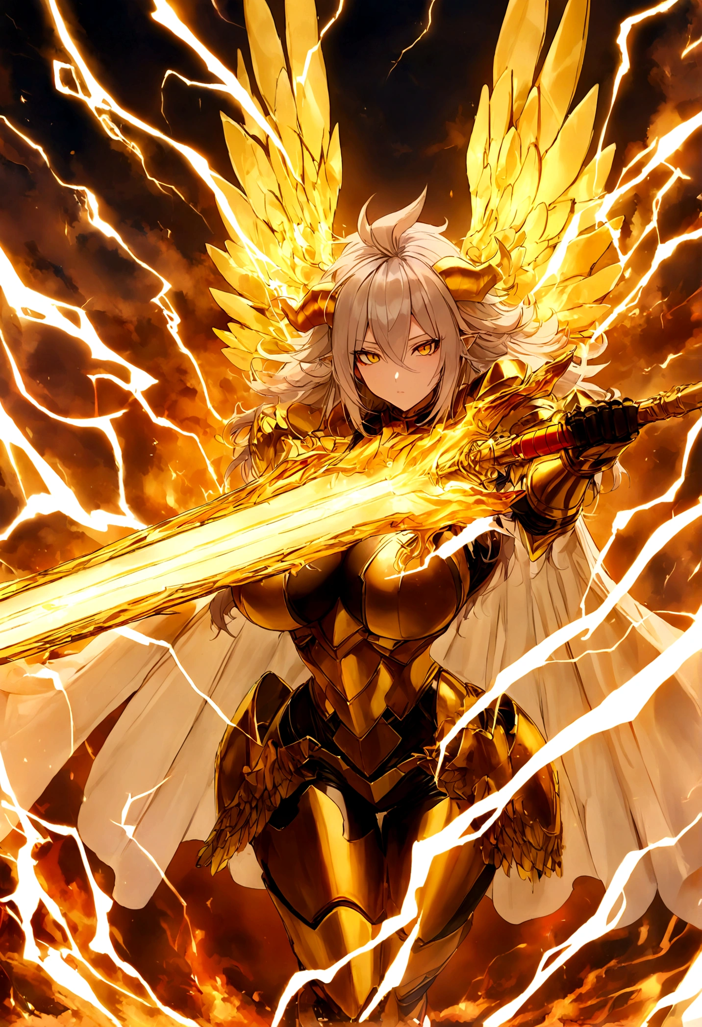 ((Lightning Power)), ((Electricity)), ((Fire Background)), ((Lightning Storm)), ((Power Erupting)),((((android 21 Evil)))), (((white Coat))), (((Busty))), (((((Big breast:1,3)))), luxury bustier corset, (((silver hair))), (((Very slim waist))), propotional body, ((Gorgeous)), (((gold wings))), masterpiece, hyperdetail, ambient effect, digital effect, (((FIRE SWORD)), (((Lightning Sword))), (((Fire Gold Armor))), (((Lightning Gold Wings))), (((Fire Blazing Horns)))