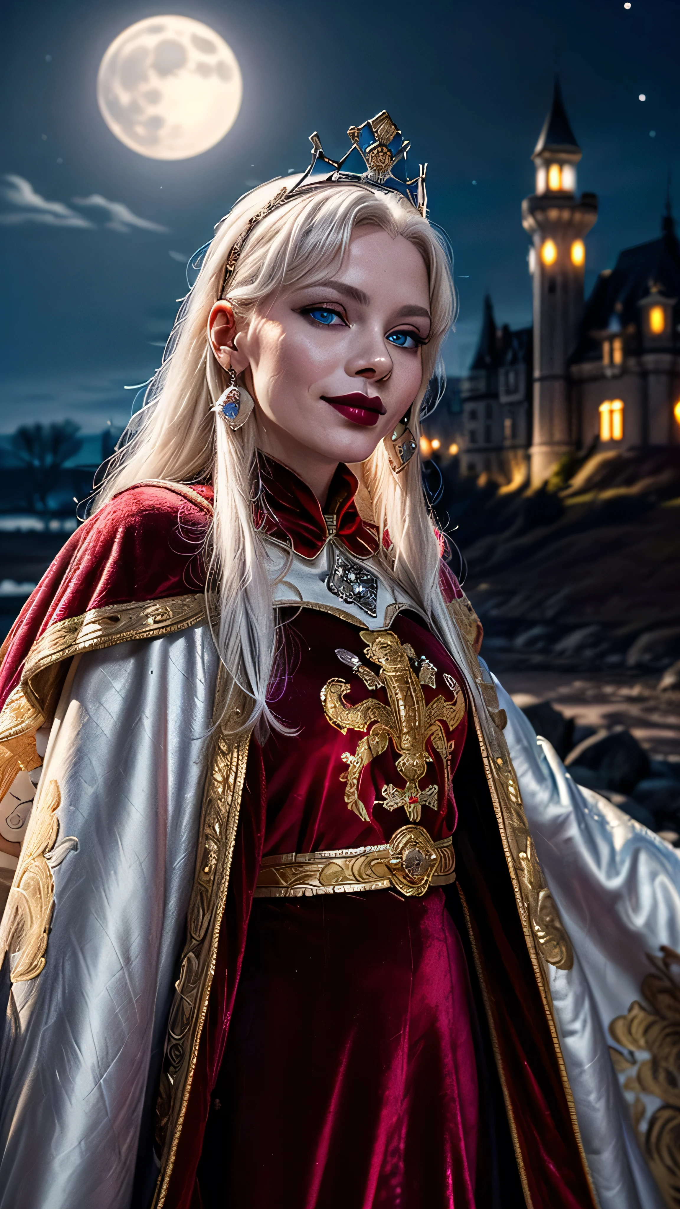 ((best quality: 1.5, intricate:1.3, masterpiece, photorealistic:1.4)), sharp focus, professional, real life, realistic representation of the face, ((detailed, athletic, suntan, ((((maroon velvet cape, albino) chinoiserie renaissance ball gown, portrait)), queen, black chrome tiara, silver, onyx necklace, onyx earrings, humid ((supermodel))), makeup: 0.7, glowing iceblue eyes, long straight hair [bright ginger hair:white hair:0.4], smirking, smirk, shadows, black lips, outdoors, faraway castle, dark, night, moonlight)), professional lighting, photon mapping, radiosity, physically based rendering, ultra resolution, hyper-realistic, hyper-realistic, 8K
