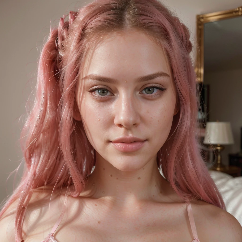 1girl,detailed face,beautiful detailed eyes,beautiful detailed lips,extremely detailed eyes and face,longeyelashes, long pink hair, sexy lingerie,bedroom interior,cute expression,looking at camera,(best quality,4k,8k,highres,masterpiece:1.2),ultra-detailed,(realistic,photorealistic,photo-realistic:1.37),warm lighting,cinematic composition