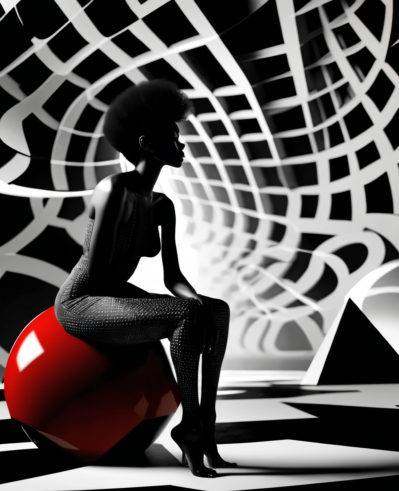 Side angle shot of black woman sitting model pose in a room full of abstract shapes of circles, triangles and squares, with a red sphere in the background, black and white picture with only the red sphere in colour, ultra HD, cinematic lighting, 32k