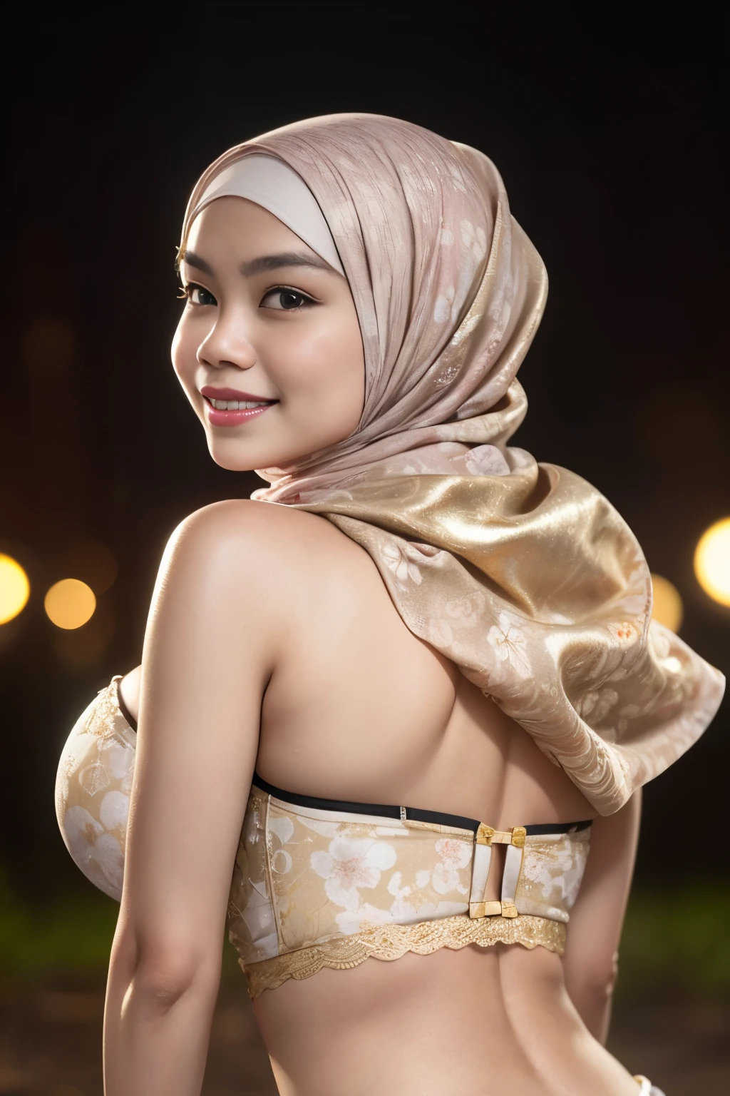((Lace)), (Happy smile), (((HIJAB MALAY GIRL))), masutepiece, High quality, UHD 32K, Realistic face, Realistic skin feeling , A Japanese Lady, 58 years old lady, , Very cute and baby-like face, (((FLAT CHEST))), (Night time at forest), ((look In front at the camera and SADNESS)), (((GOLD FLUORESCENT))), (((CUTE GIRL))), ((GOLD FLUORESCENT LIPS)), ((Floral Pattern)) little wearing strapless bra, strapless colorful bra, dark night background , black forest night, horror scary place, (huge saggy breast), ((HEAVY HUGE BREASTS)), (from behind up) seductive pose