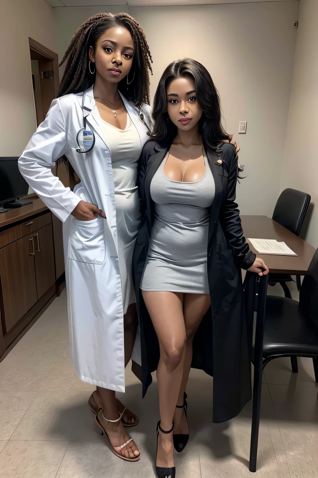 mulher bonita, pele negra e cabelos curto afro preto, roupa casual , olhos castanhos grandes e corpo mediano, Beautiful beautiful and sensual full body inside a doctor's office and wearing lab coat