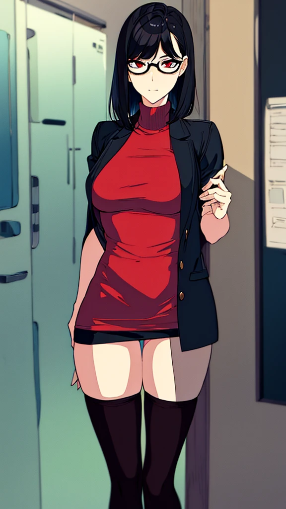 (NSFW)((Best Quality)), ((Masterpiece)), (Detailed),  short black hair with glasses, very white skin, red eyes, with a too short miniskirt, with very thin clothes