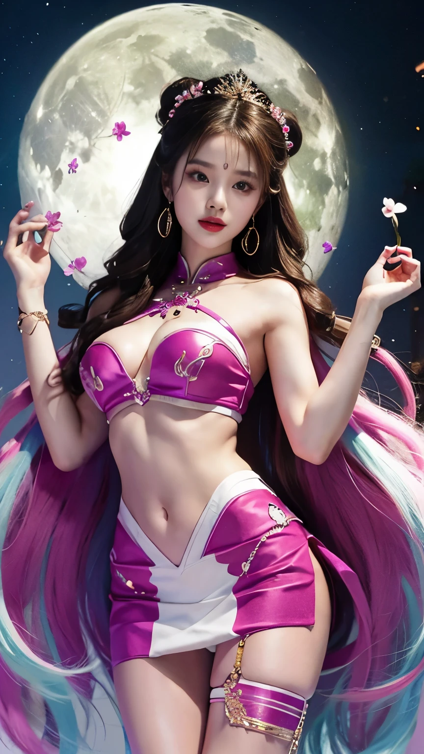 aquanurse,nurse cap, ((full body)), red lips,  woman, Exquisite makeup, Ethnic style, lifelike、The real situation、Warm colors, ((Realistically:1.5))、White phalaenopsis around the hair，Lilac dendrobium、White Lily、1 girl、Brown hair、Flowing hair、Full breast, Slender sexy legs, Sting an elegant pose, Flip the skirt,  shoulders, Have extremely beautiful facial features、Hairpin on head、Perfect hands、(night、moon、cliff)、 vector art、Chinese Contemporary Art、Soft Light、look down, correct, 解剖学correct