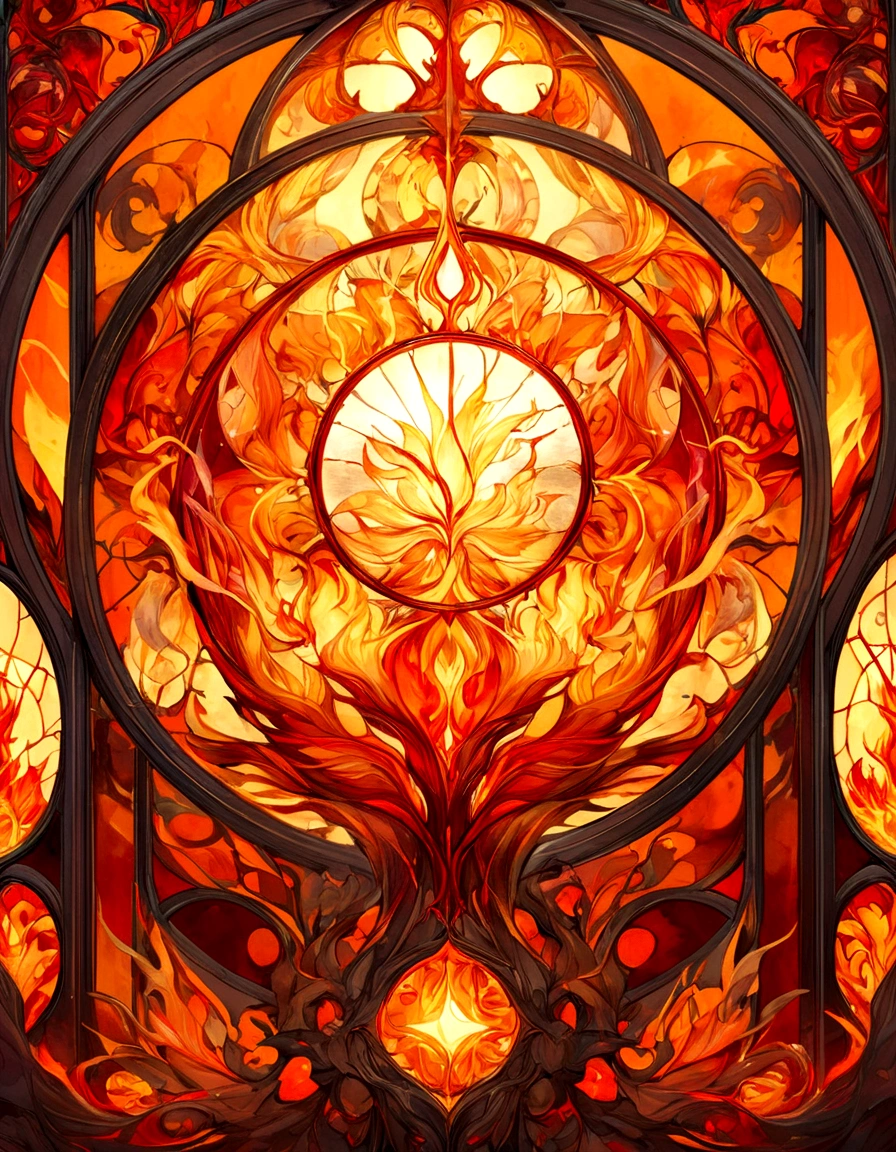 Create a series of images for the element fire inspired by the aesthetics of a detailed stained glass window with defined lines and vivid colors as fantasy. Each image should reflect the characteristics of the corresponding element, using an appropriate color palette. The element of fire, with details and ornaments inspired by flames and heat. Intense reds, bright oranges, yellows and golden tones. Incorporate elements of fire and lava, with burning blades and details in the form of flames.