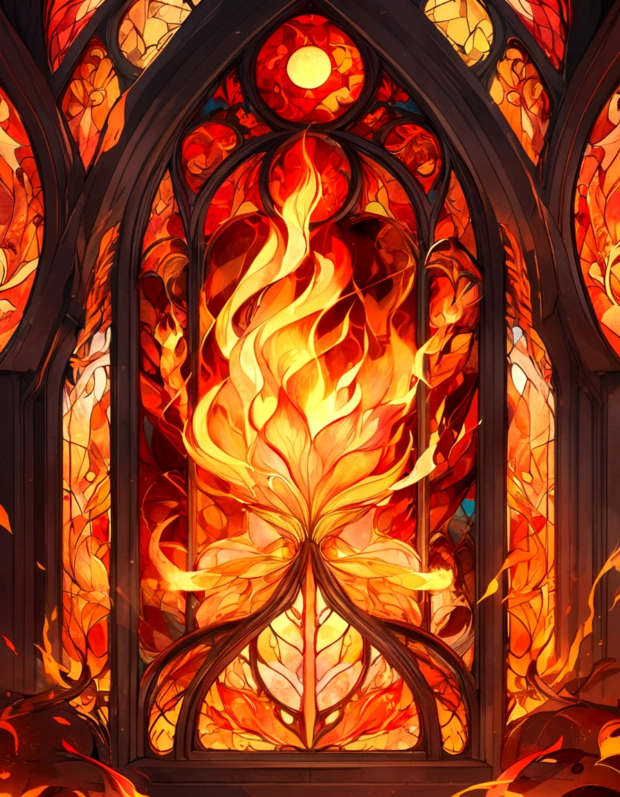 Create a series of images for the element fire inspired by the aesthetics of a detailed stained glass window with defined lines and vivid colors as fantasy. Each image should reflect the characteristics of the corresponding element, using an appropriate color palette. The element of fire, with details and ornaments inspired by flames and heat. Intense reds, bright oranges, yellows and golden tones. Incorporate elements of fire and lava, with burning blades and details in the form of flames.