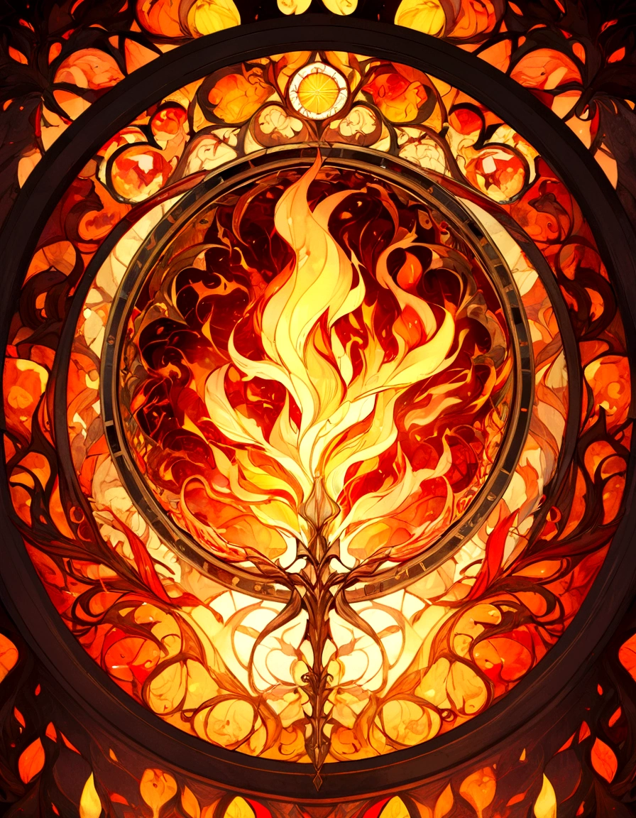 Create a series of images for the element fire inspired by the aesthetics of a detailed stained glass window with defined lines and vivid colors as fantasy. Each image should reflect the characteristics of the corresponding element, using an appropriate color palette. The element of fire, with details and ornaments inspired by flames and heat. Intense reds, bright oranges, yellows and golden tones. Incorporate elements of fire and lava, with burning blades and details in the form of flames.