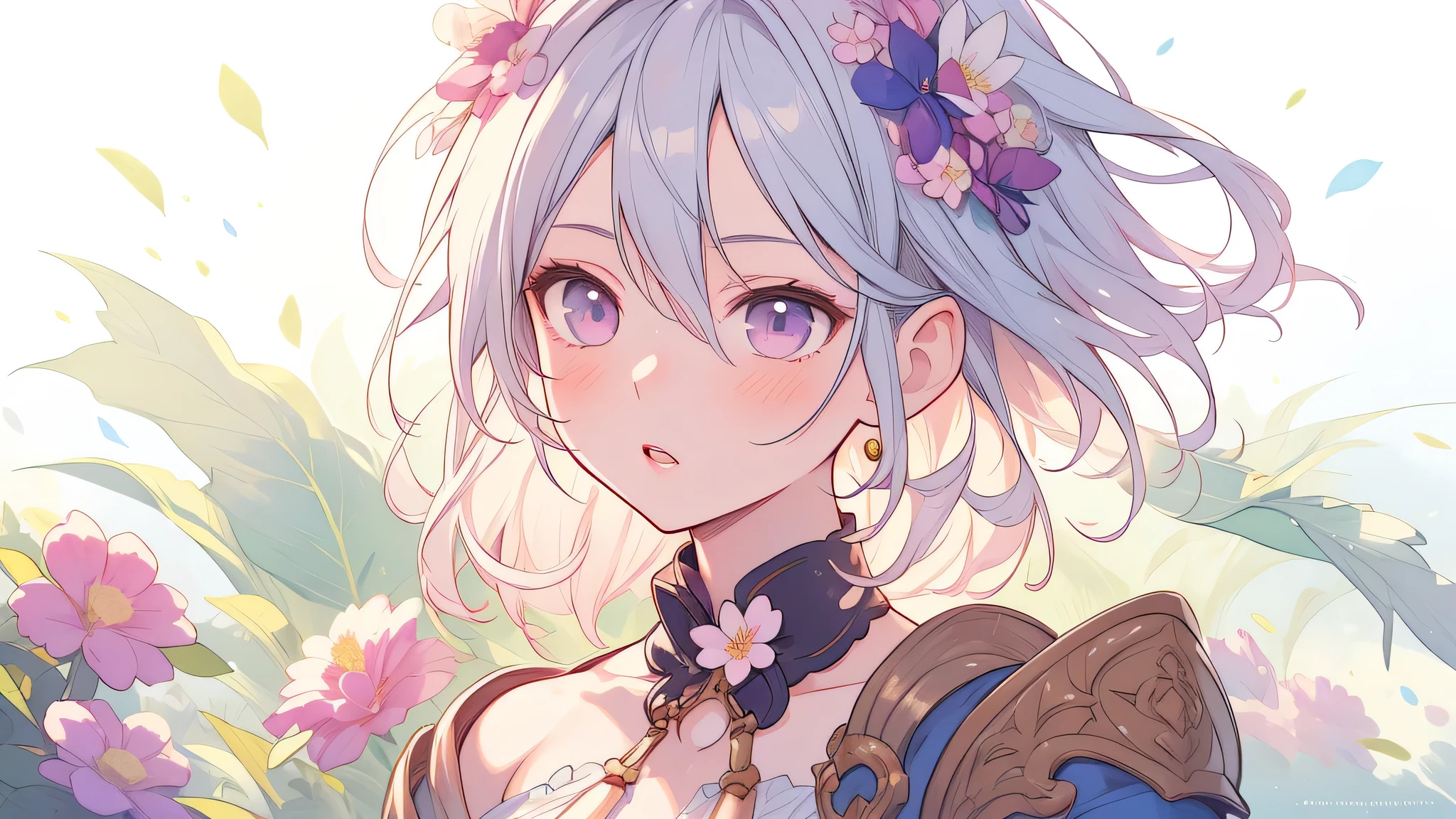 solo, a girl with pastel hair and a complementary colored dress with flowers around her neck and shoulder, with a flowers in her hair, two-tone hair, Charlie Bowater, stanley artgerm lau, a character portrait, fantasy art, (cartoon:1.3), looking away, image size 16:9