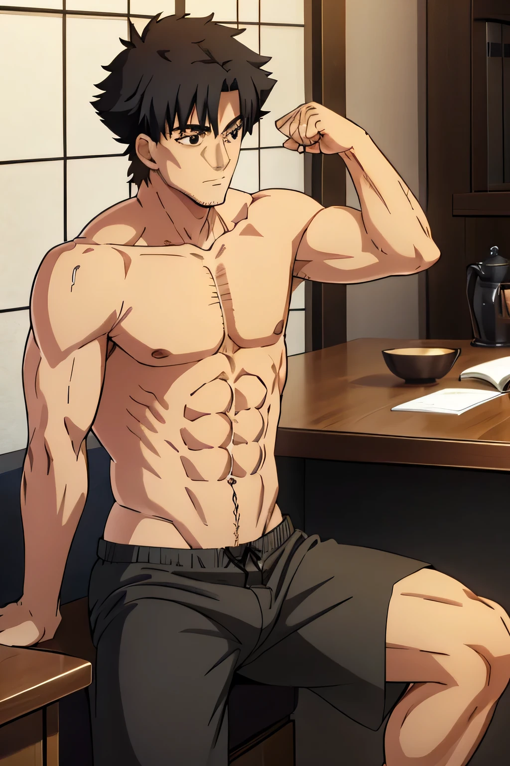 Kiritsugu is sitting and flexing his buff biceps and thighs. He wears black short boxershorts. You can see his thighs. He is shirtless. He is showing his abs too. He is admiring his arms.