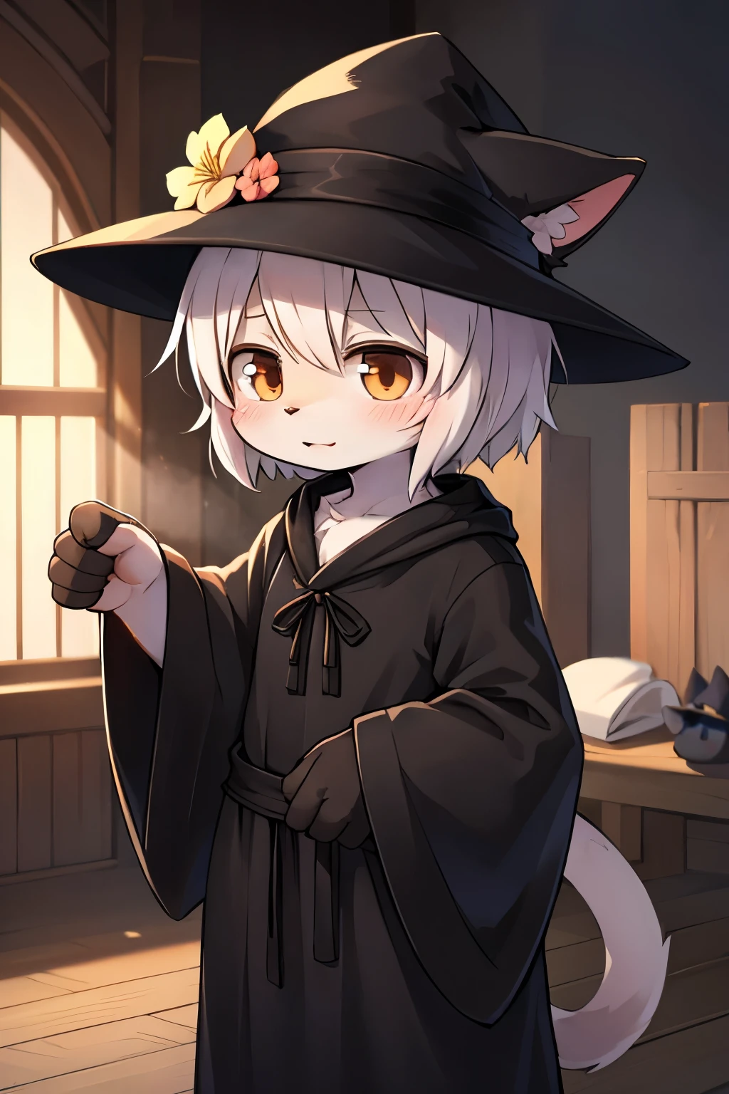 kemoshota, naked baggy one-pieced black witch robe, bloom, which hat, black cat as a familiar