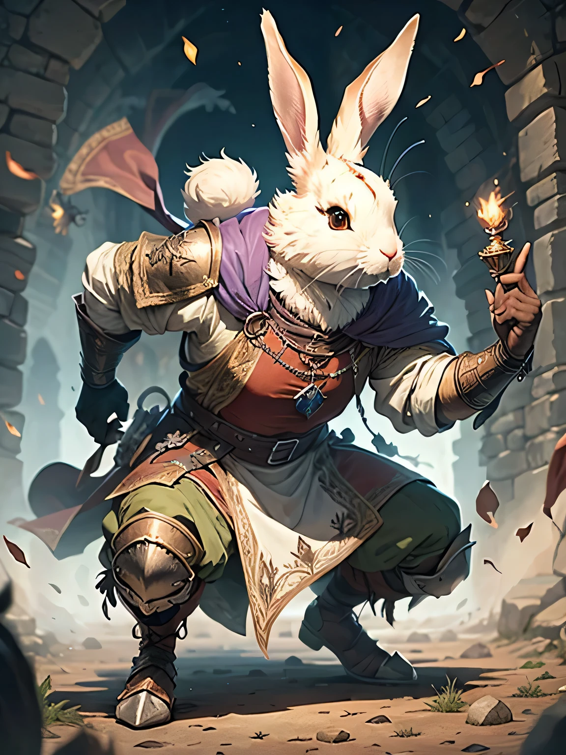 a rabbit man in medieval clothes, from the world of d&d, heregon, he is in an action possession