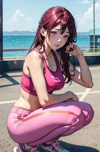 Sakurauchi riko, pink skinny sweet pants, tight gym bra, sweating,sweat drops , (cleavage:0.7),unstyled hair,wet hair,yellow eyes,thicc legs, posing for picture, slightly smile,(squatting), crouching