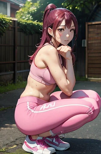 Sakurauchi riko, pink skinny sweet pants, tight gym bra, sweating,sweat drops , (cleavage:0.7),unstyled hair,wet hair,yellow eyes,thicc legs, posing for picture, slightly smile,(squatting), crouching