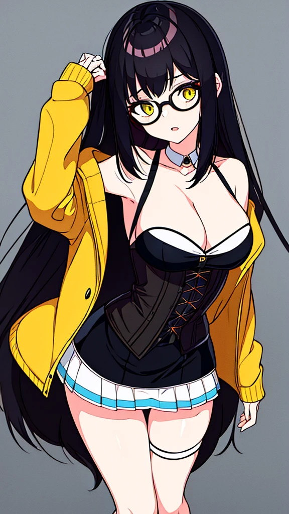 18-year-old woman with shot black hair that is a little dirty and misaligned, with glasses, very white skin, yellow eyes, with a miniskirt that is too short, her clothes are very tight to her body, she has cleavage and she is very horny, she is wearing a corset, she is raising her bra with her hands a little trying to show her breasts a little, wearing long black stockings, she has cleavage